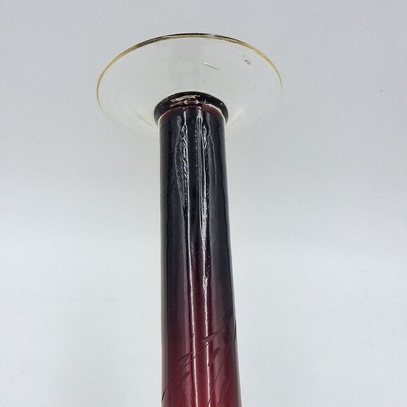 Amethyst Floral Etched Candlestick Vase 10 Inch Clear Base Thin - Picture 10 of 10